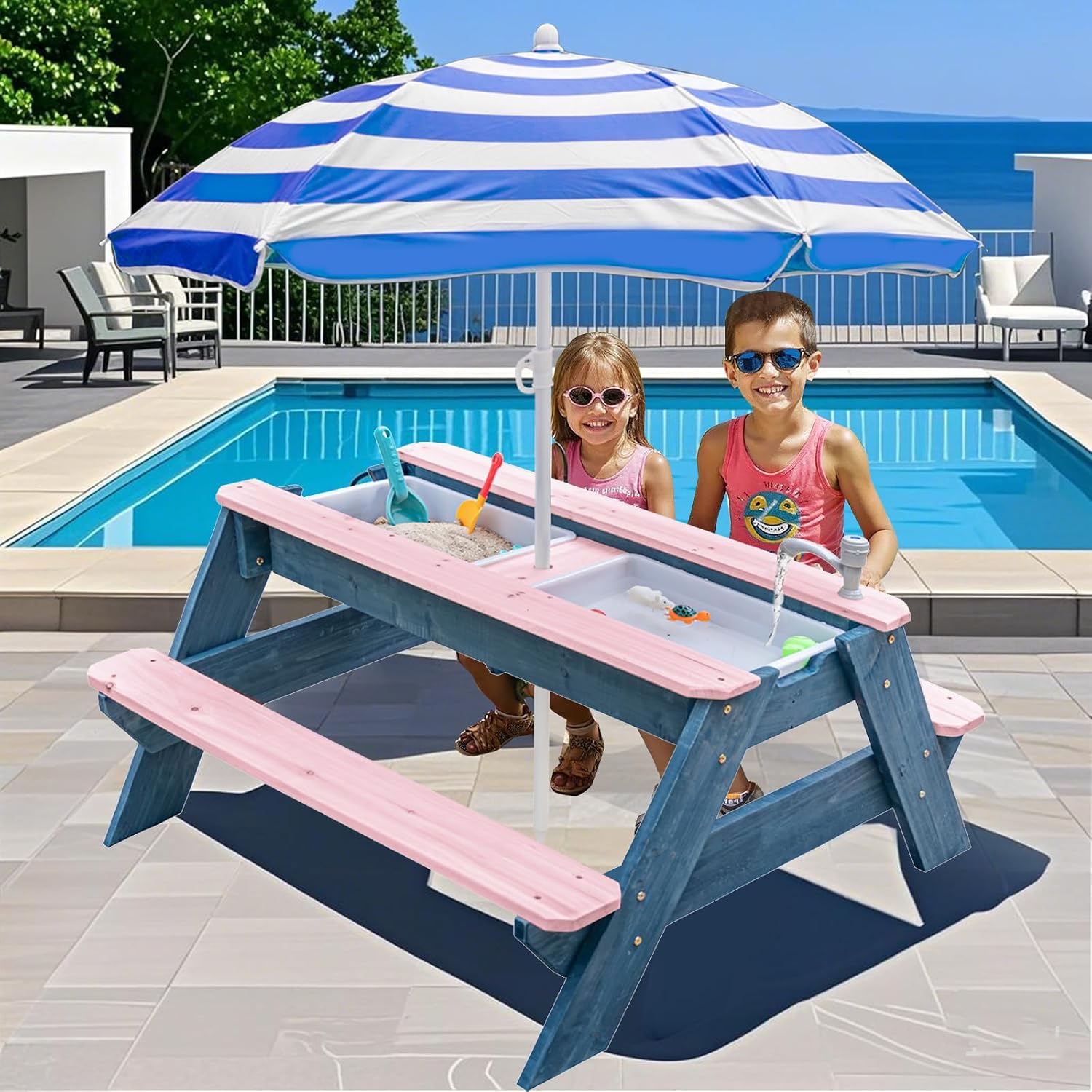 Kids 3-in-1 Sand & Water Table - Kids Outdoor Table With Umbrella ulasan dan harga