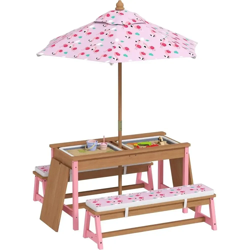 Wooden Picnic Table Set with U - Kids Outdoor Table With Umbrella ulasan dan harga