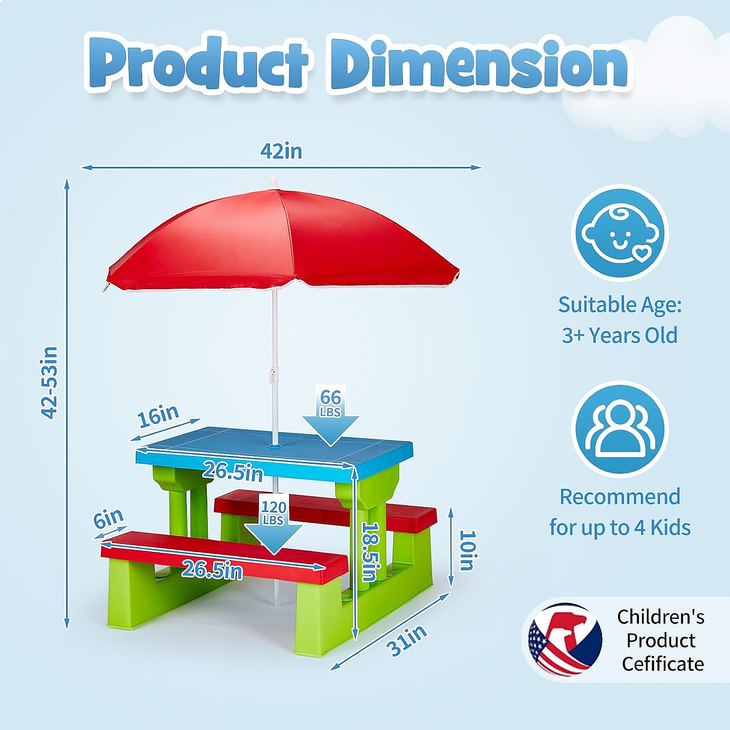 JOYMOR Kids Picnic Table with  - Kids Outdoor Table With Umbrella ulasan dan harga