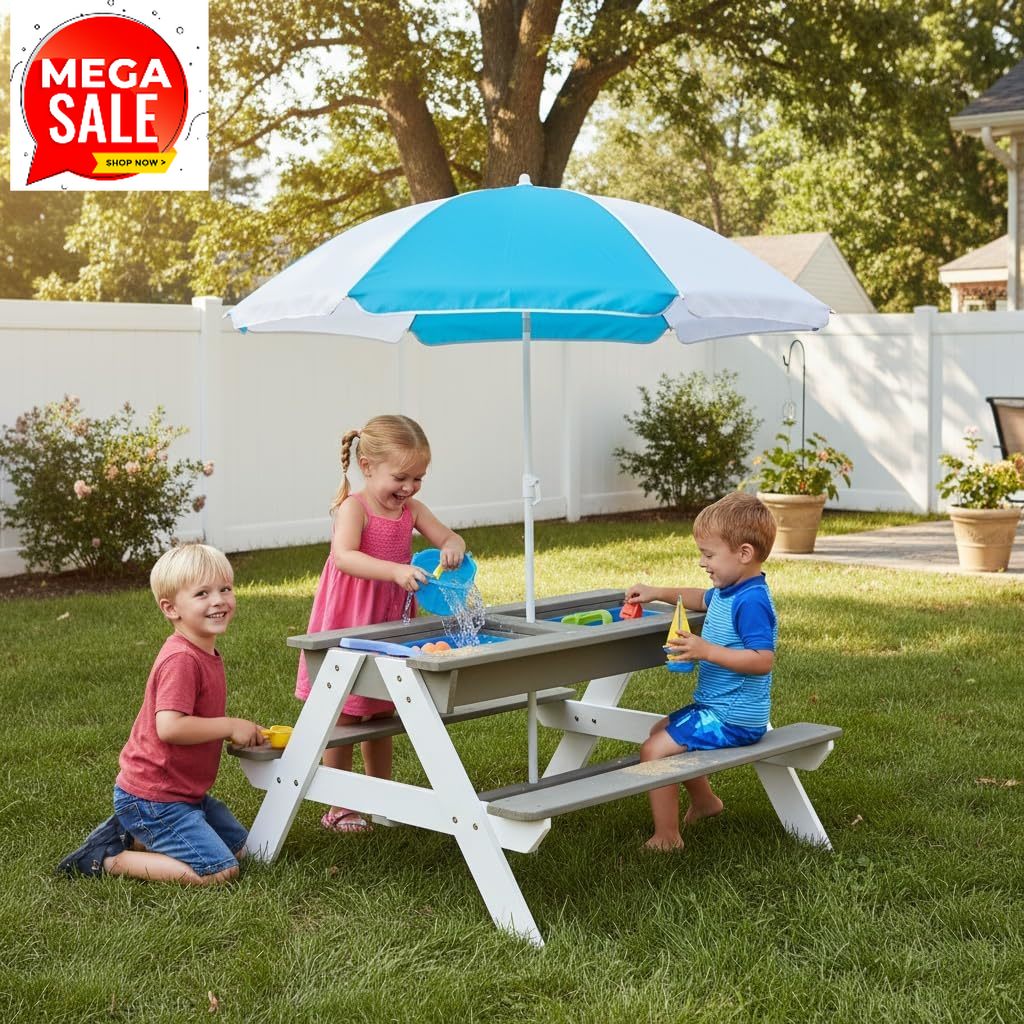 Kids Picnic Table, 3-in-1 Wood - Kids Outdoor Table With Umbrella ulasan dan harga