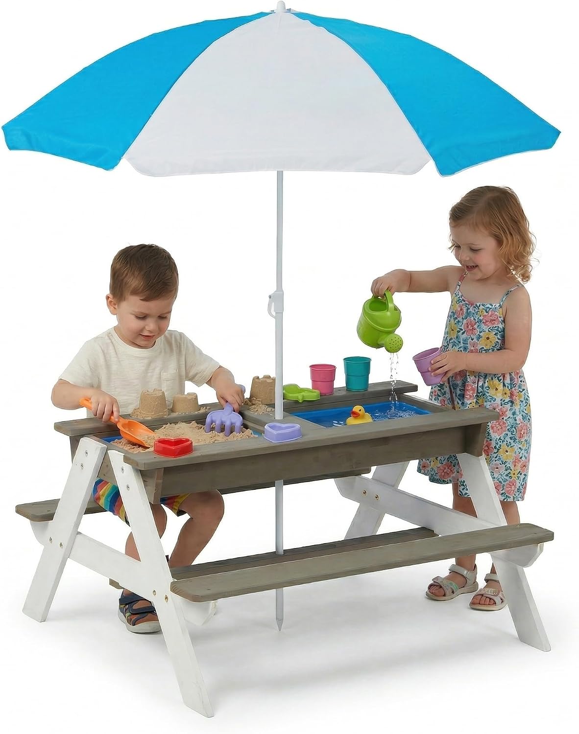 Kids Picnic Table, 3-in-1 Wood - Kids Outdoor Table With Umbrella ulasan dan harga