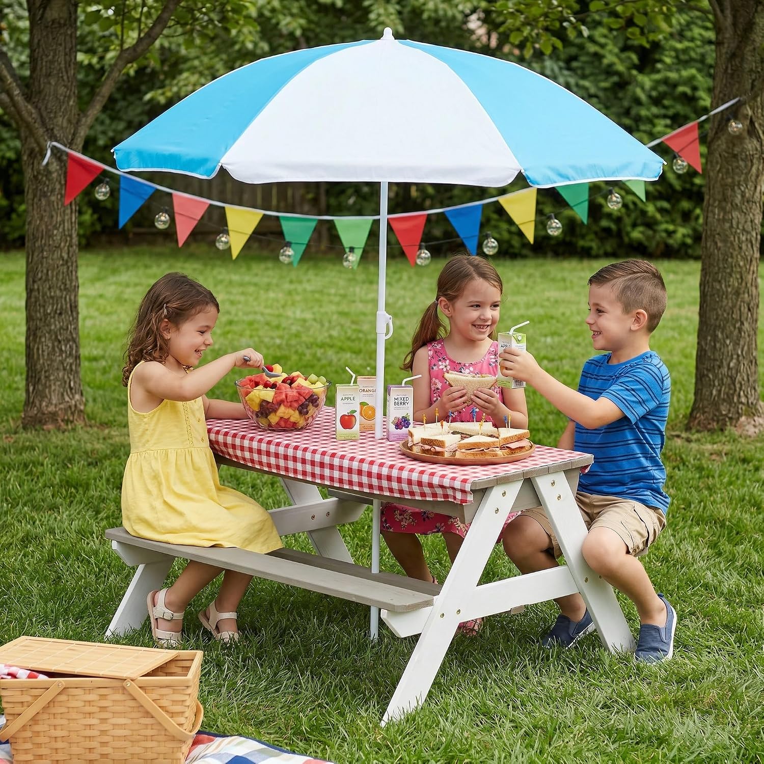 Kids Picnic Table, 3-in-1 Wood - Kids Outdoor Table With Umbrella ulasan dan harga