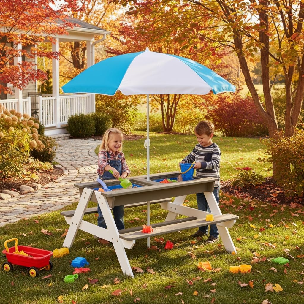 Kids Picnic Table, 3-in-1 Wood - Kids Outdoor Table With Umbrella ulasan dan harga