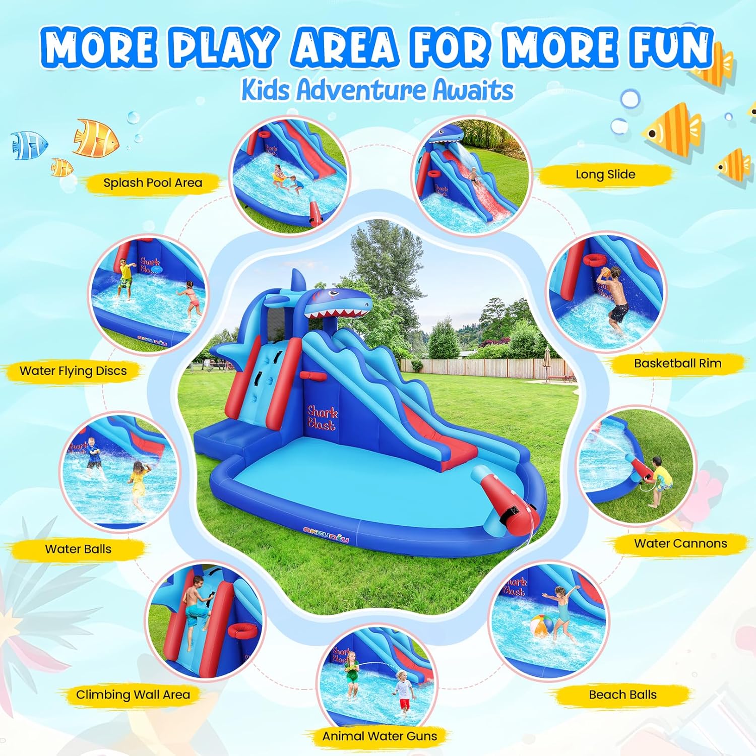 Shark-Themed Inflatable Water  - Kids Outdoor Inflatable Water Slide ulasan dan harga