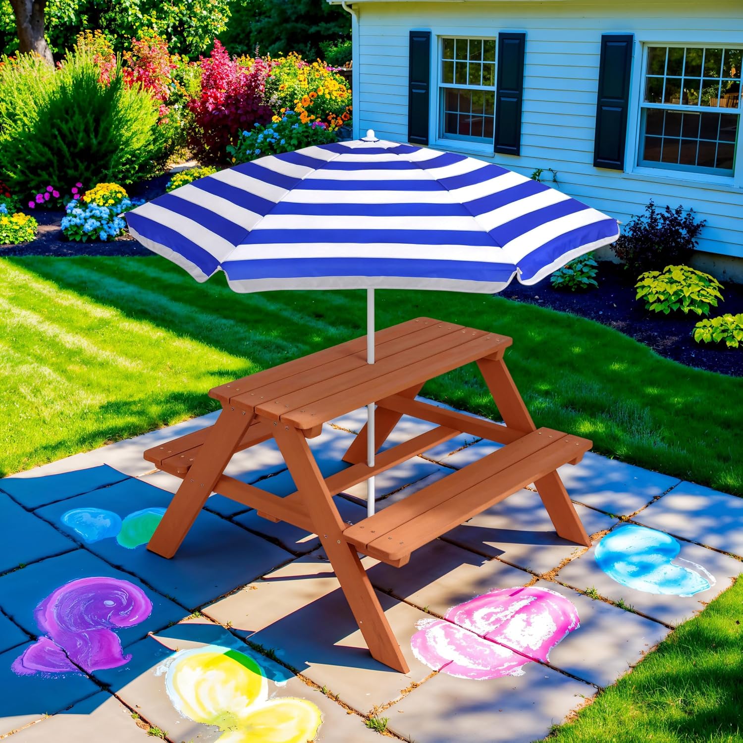 Wooden Kids Picnic Table with  - Kids Outdoor Table With Umbrella ulasan dan harga